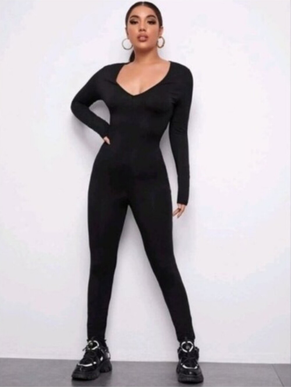 Shein Ribbed Long Sleeve Jumpsuit Size Small Black Bodycon Vneck Catsuit